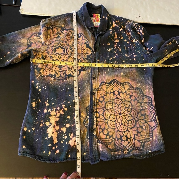 Frank & Oak Flannel Shirt Women Size Large Boho Floral Stencil Bleached Handmade - Picture 10 of 14